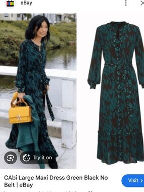 CAbi Teal and Black Leaf-Print Maxi Dress